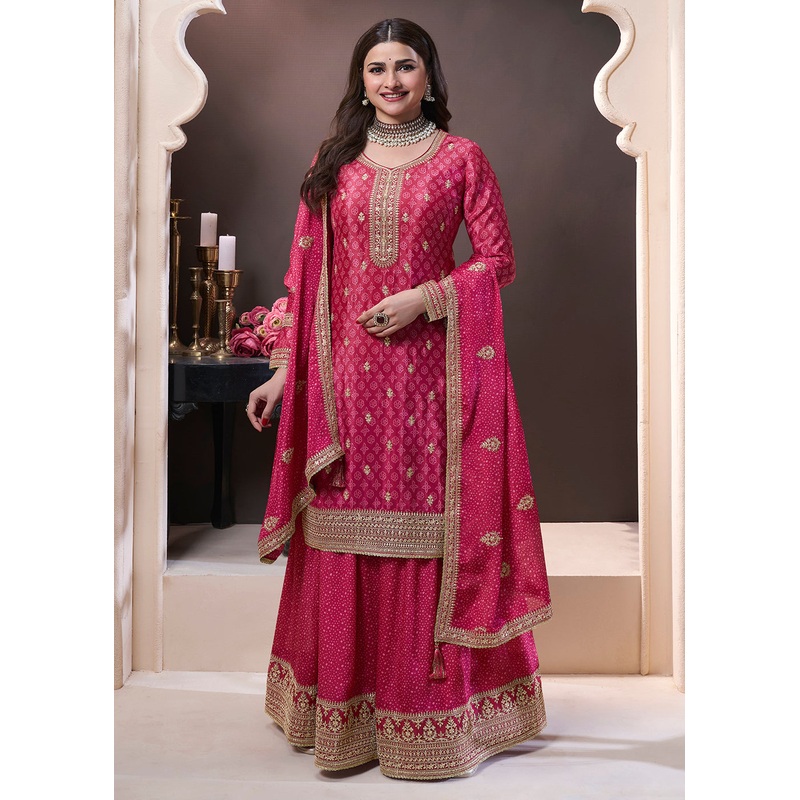 Magenta Pink Bandhani Printed Chinnon Palazzo Style Suit