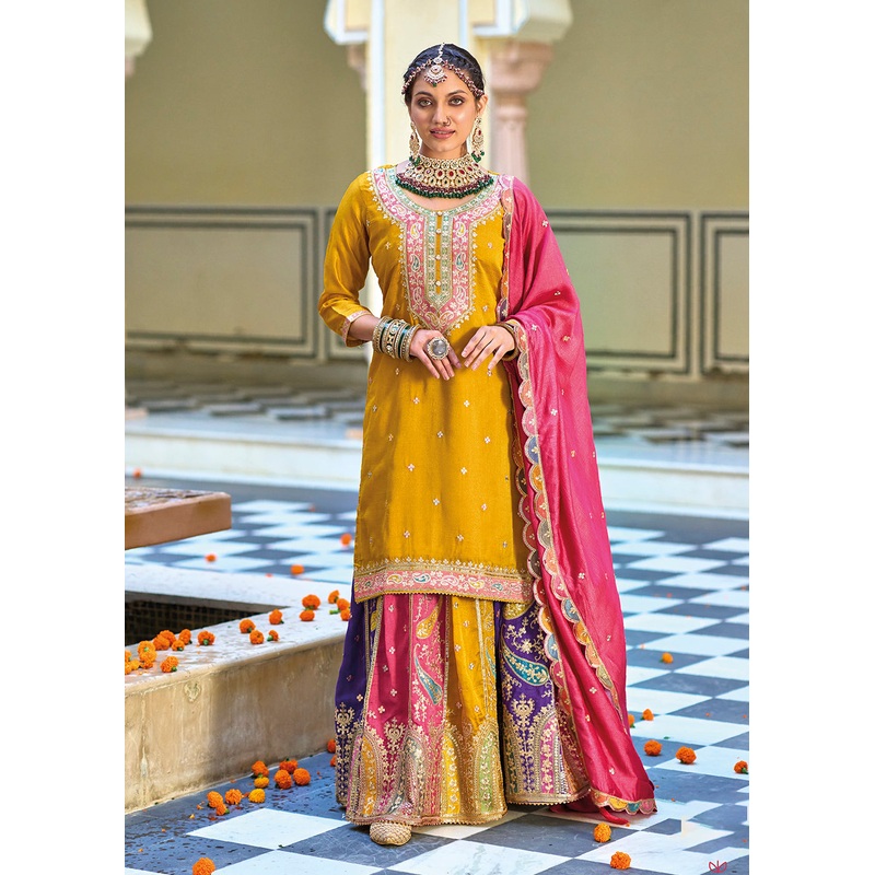 Multicolor Mustard Premium Silk Kurti Style Lehenga Suit