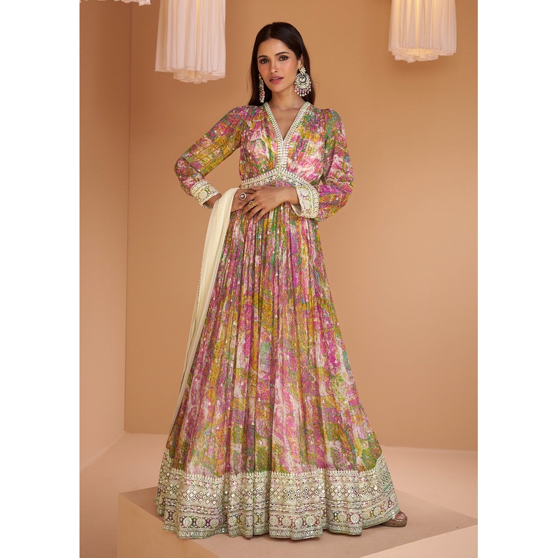 Multicolor Pink Floral Printed Wedding Festive Anarkali Gown
