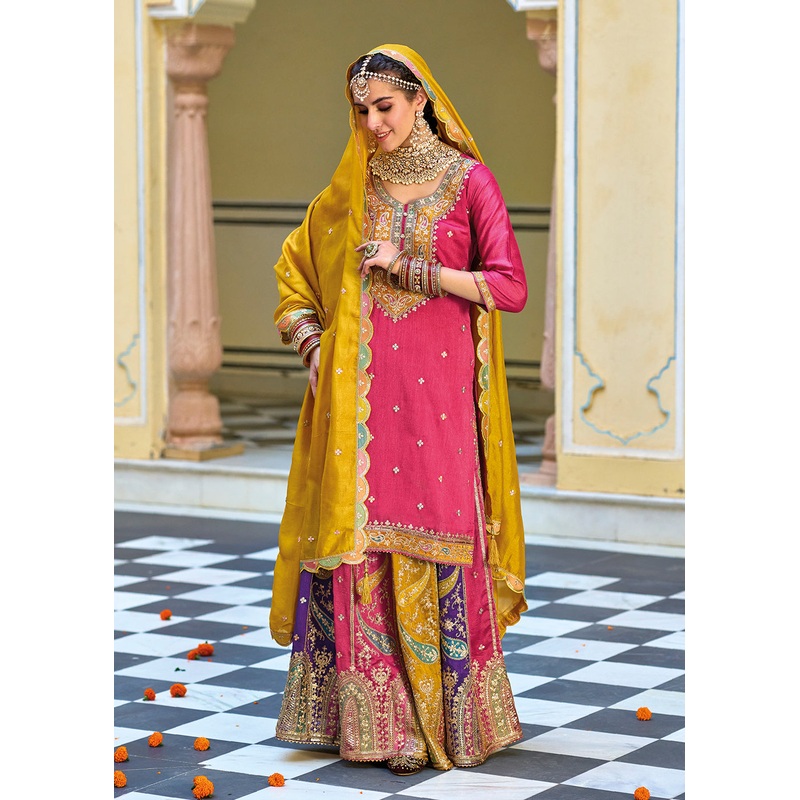 Multicolor Pink Premium Silk Kurti Style Lehenga Suit