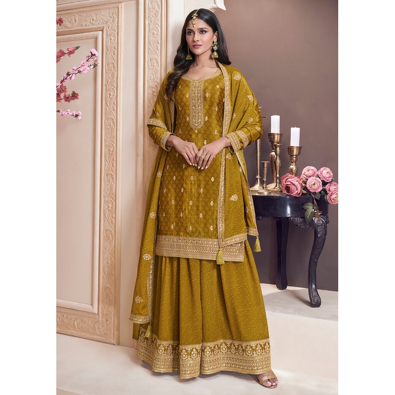 Mustard Bandhani Printed Chinnon Palazzo Style Suit