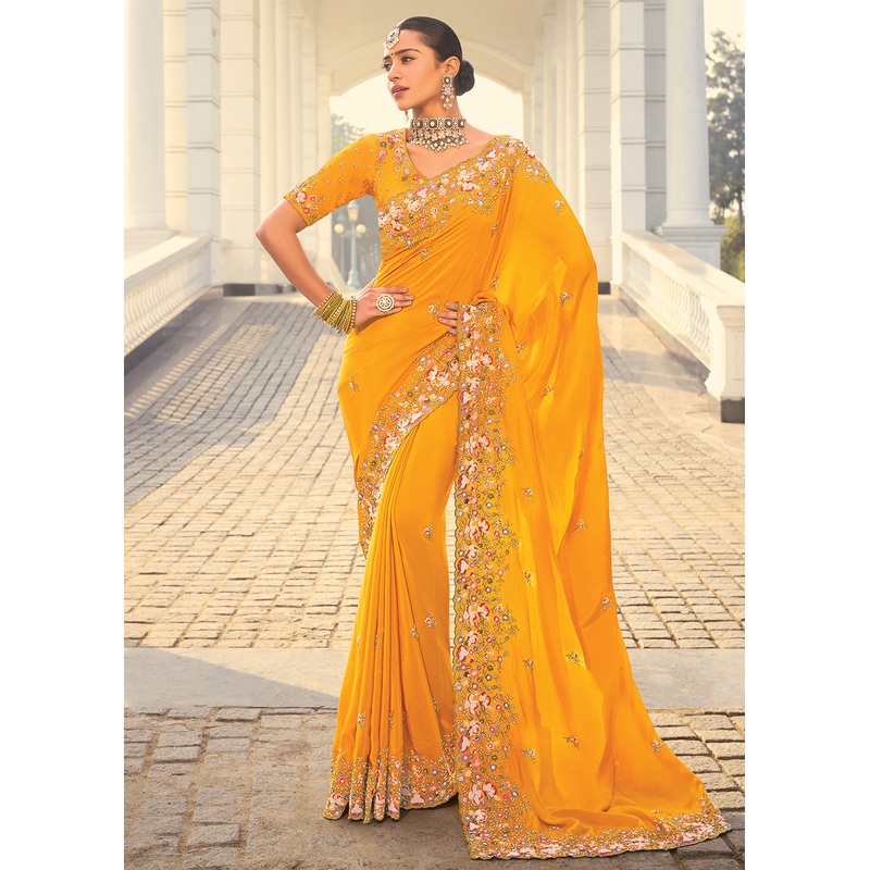 Mustard Heavy Embroidered Wedding Designer Saree