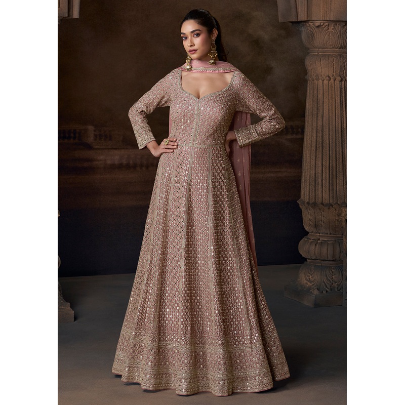 Old Rose Pink Heavy Embroidered Wedding Anarkali Gown