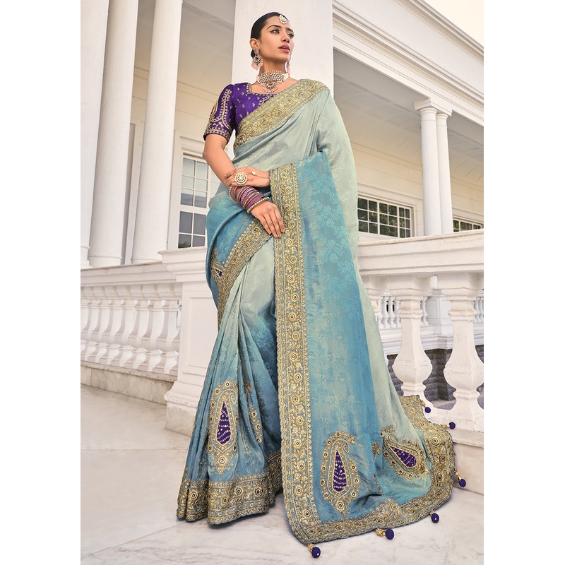 Ombre Grey Heavy Embroidered Wedding Designer Saree