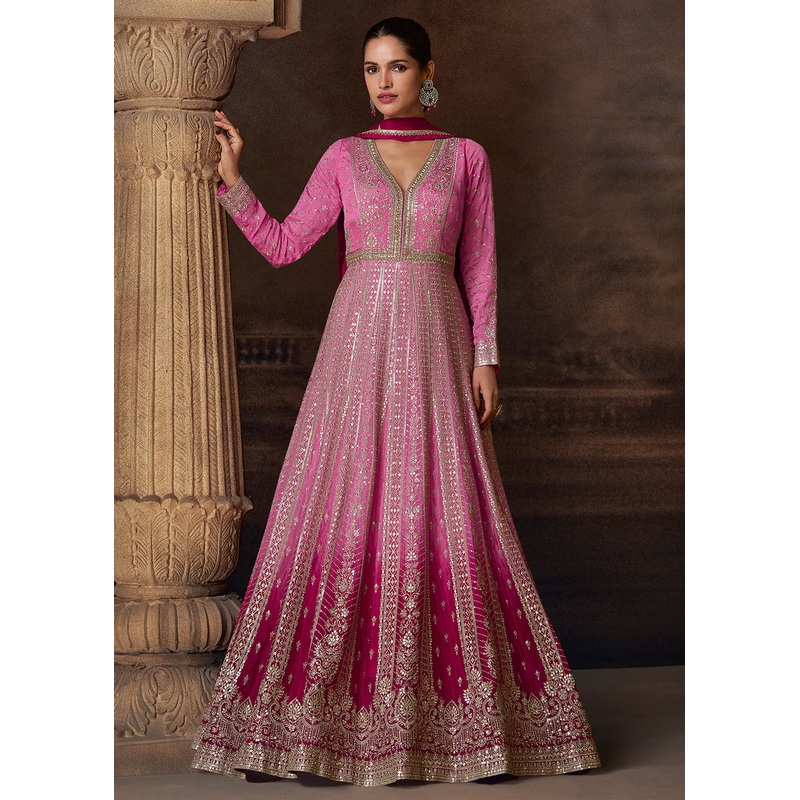 Ombre Pink Heavy Embroidered Wedding Anarkali Gown