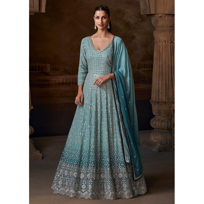Ombre Sea Blue Heavy Embroidered Wedding Anarkali Gown