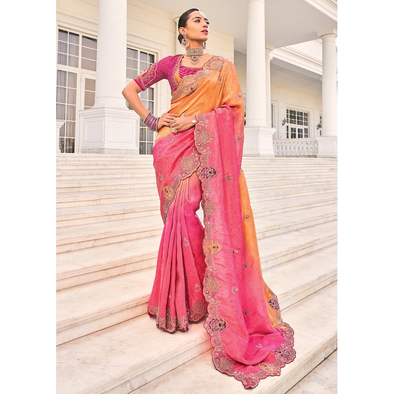 Orange & Pink Heavy Embroidered Wedding Designer Saree