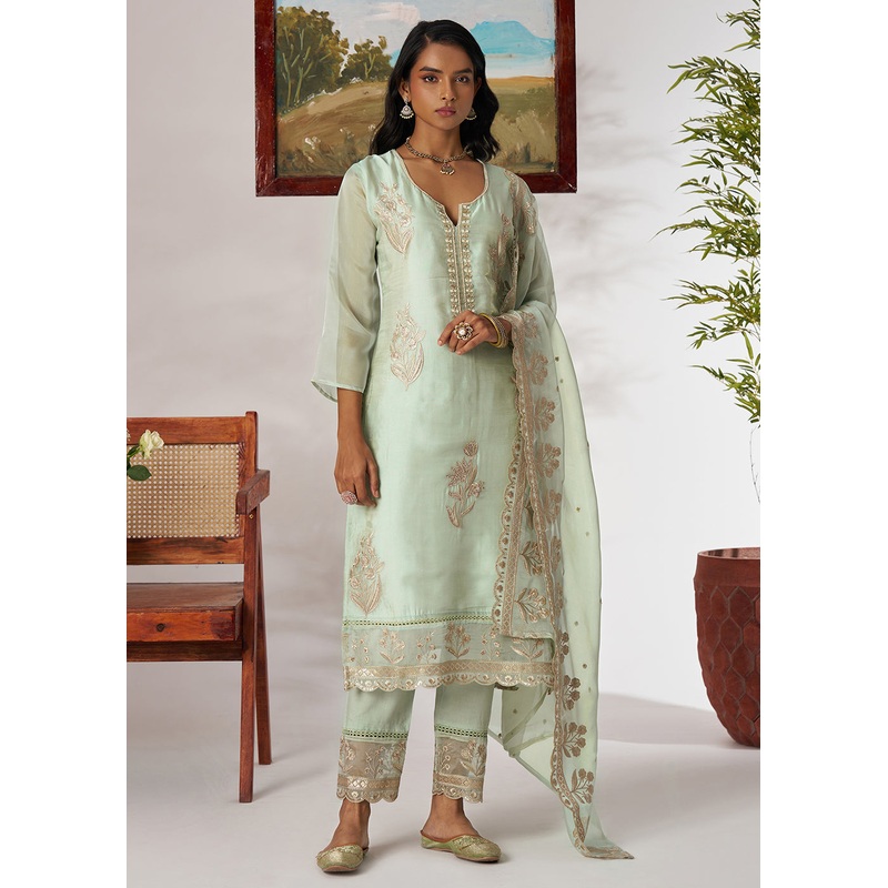 Pakistani Style Green Embroidered Pant Style Suit