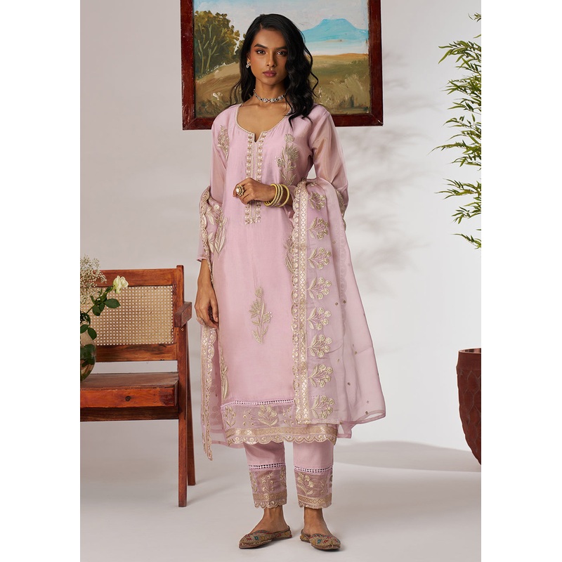 Pakistani Style Lavender Embroidered Pant Style Suit