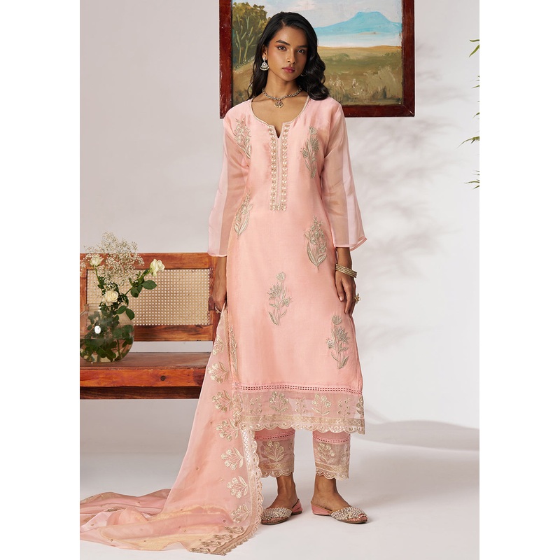Pakistani Style Peach Embroidered Pant Style Suit