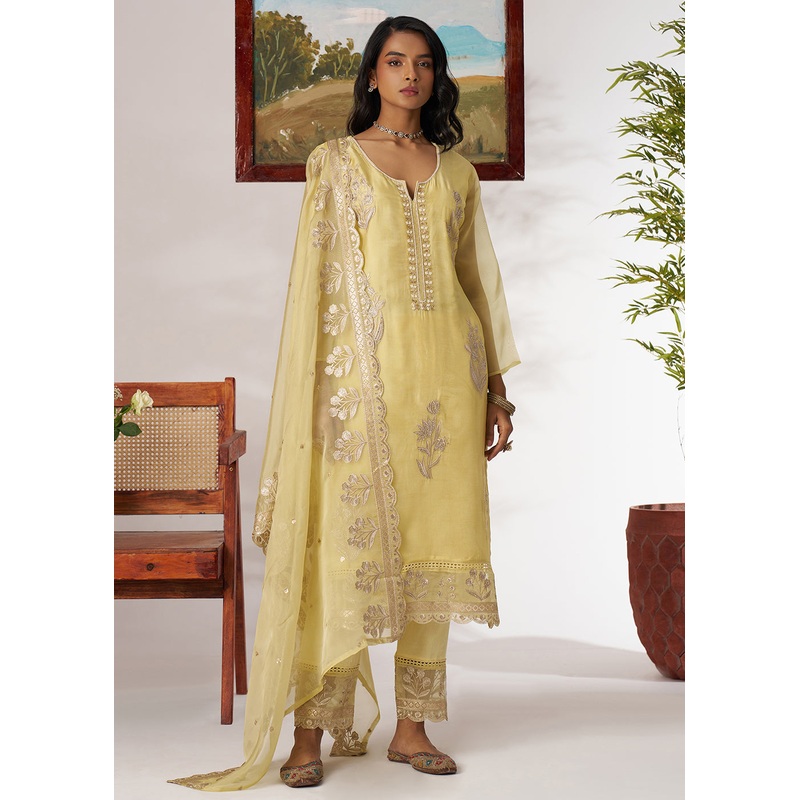 Pakistani Style Yellow Embroidered Pant Style Suit