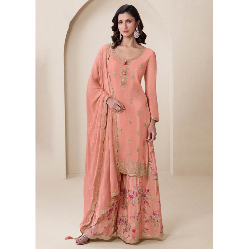 Peach Festive Style Embroidered Chinnon Palazzo Suit