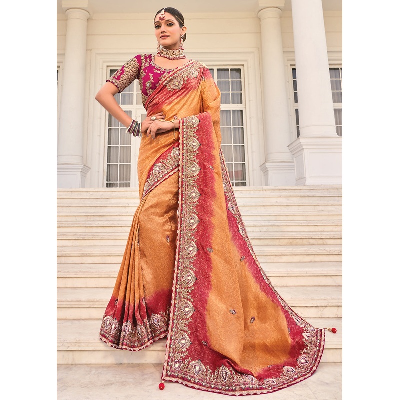 Peach & Maroon Heavy Embroidered Wedding Designer Saree