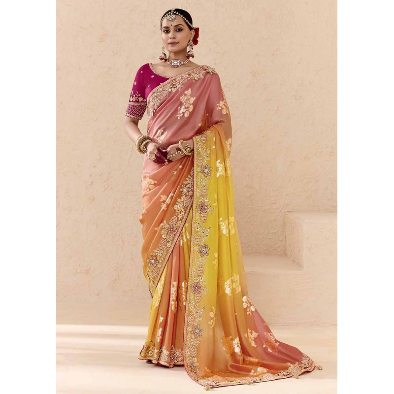 Peach & Pink Fancy Fabric Embroidered Designer Saree