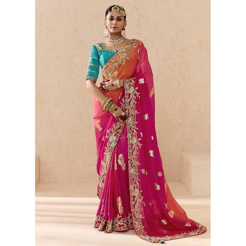 Pink & Blue Fancy Fabric Embroidered Designer Saree