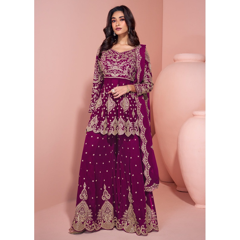 Plum Purple Palazzo Style Embroidered Festive Style Suit