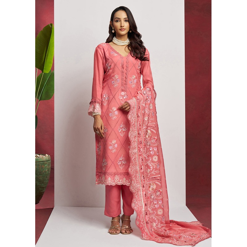 Pure Organza Peach Embroidered Eid Festive Salwar Suit