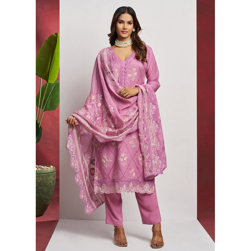 Pure Organza Pink Embroidered Eid Festive Salwar Suit