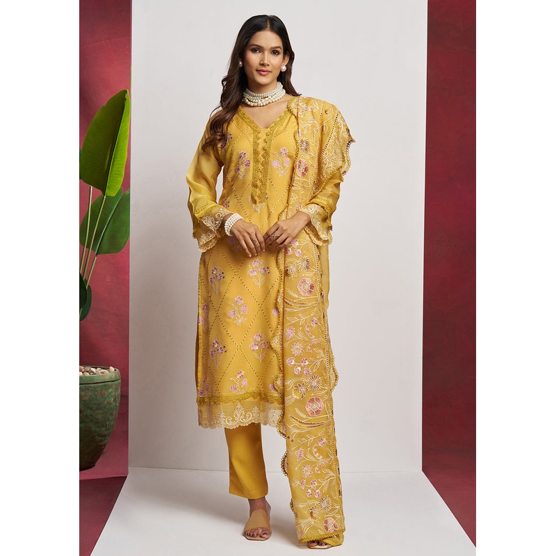 Pure Organza Yellow Embroidered Eid Festive Salwar Suit