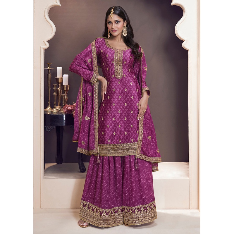 Purple Bandhani Printed Chinnon Palazzo Style Suit