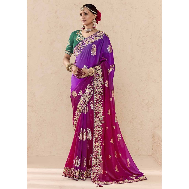 Purple & Green Fancy Fabric Embroidered Designer Saree