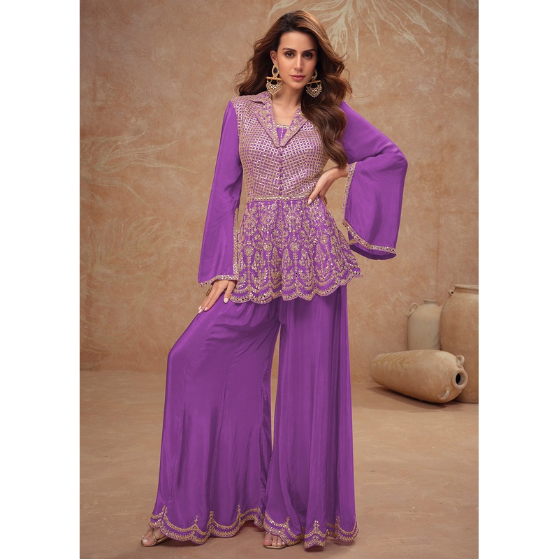 Purple Peplum Style Embroidered Festive Pant Style Suit