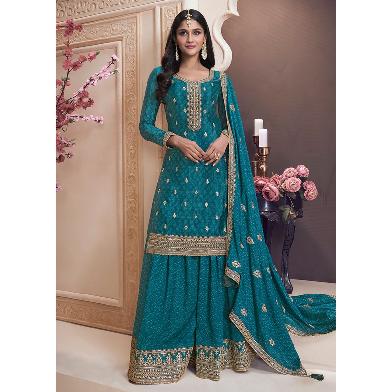Rama Blue Bandhani Printed Chinnon Palazzo Style Suit