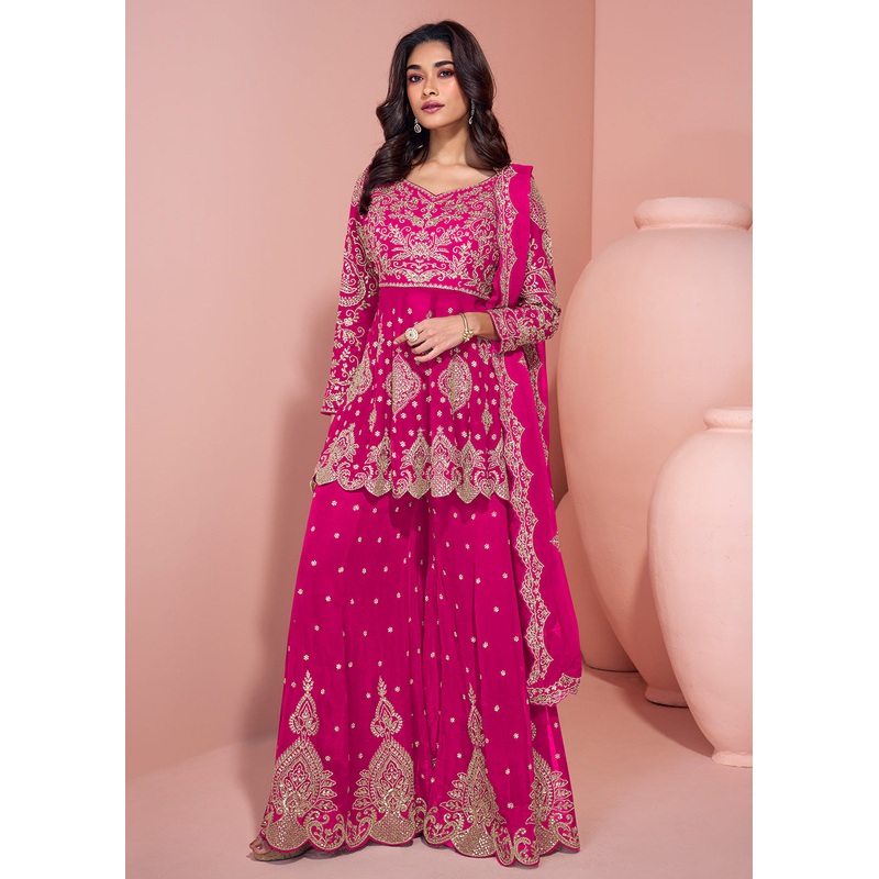 Rani Pink Palazzo Style Embroidered Festive Style Suit