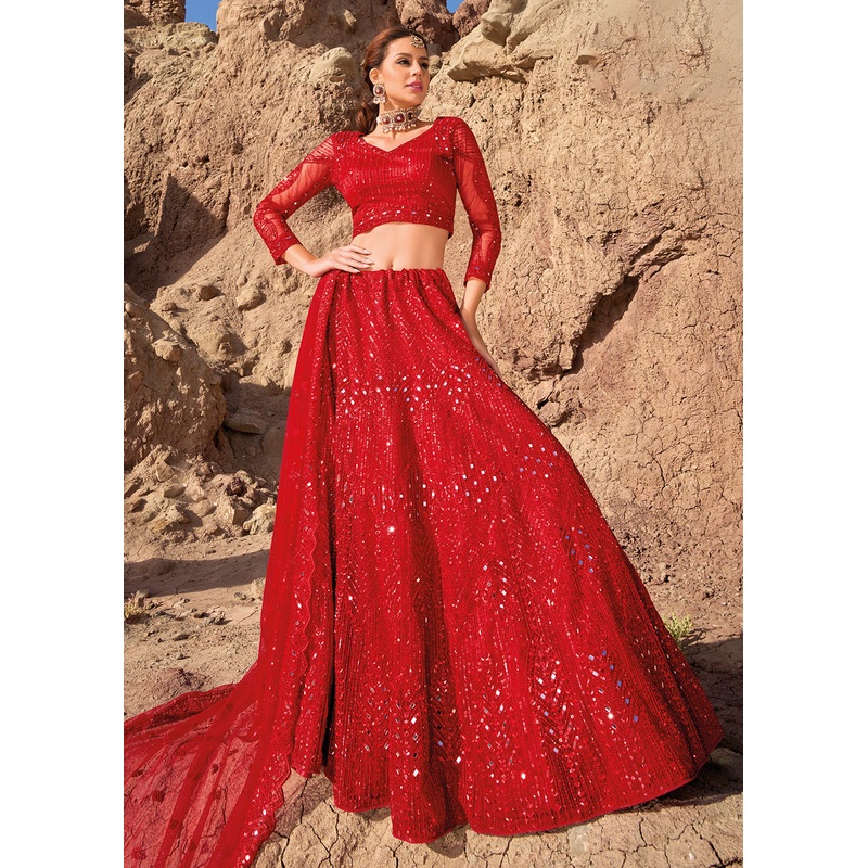 Red Embroidered Pure Net Designer Bridal Lehenga Choli