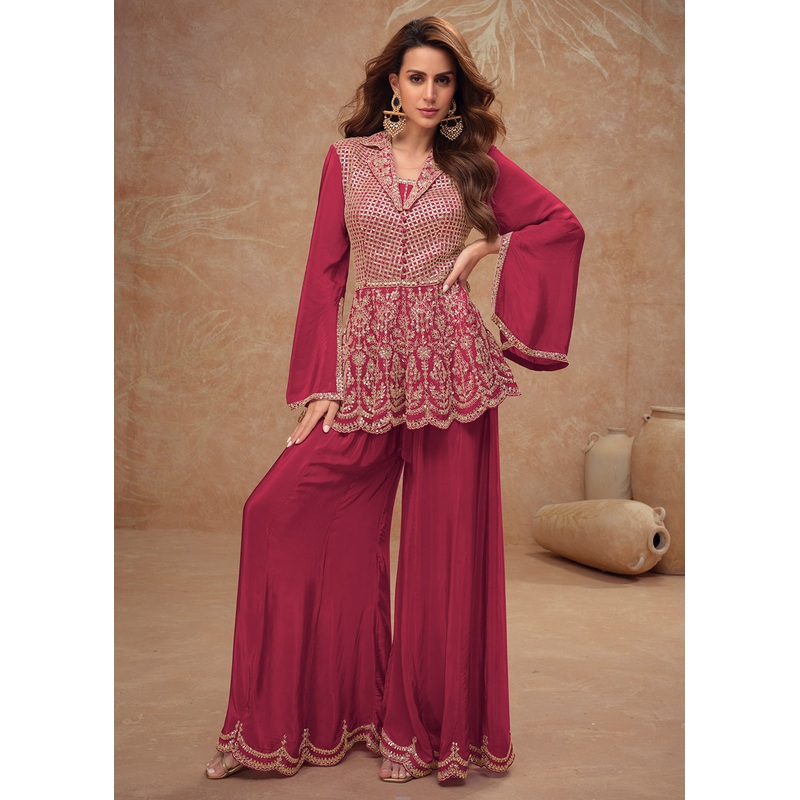 Red Peplum Style Embroidered Festive Pant Style Suit