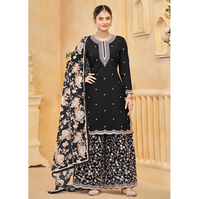 Roman Silk Embroidered Black Festive Palazzo Suit