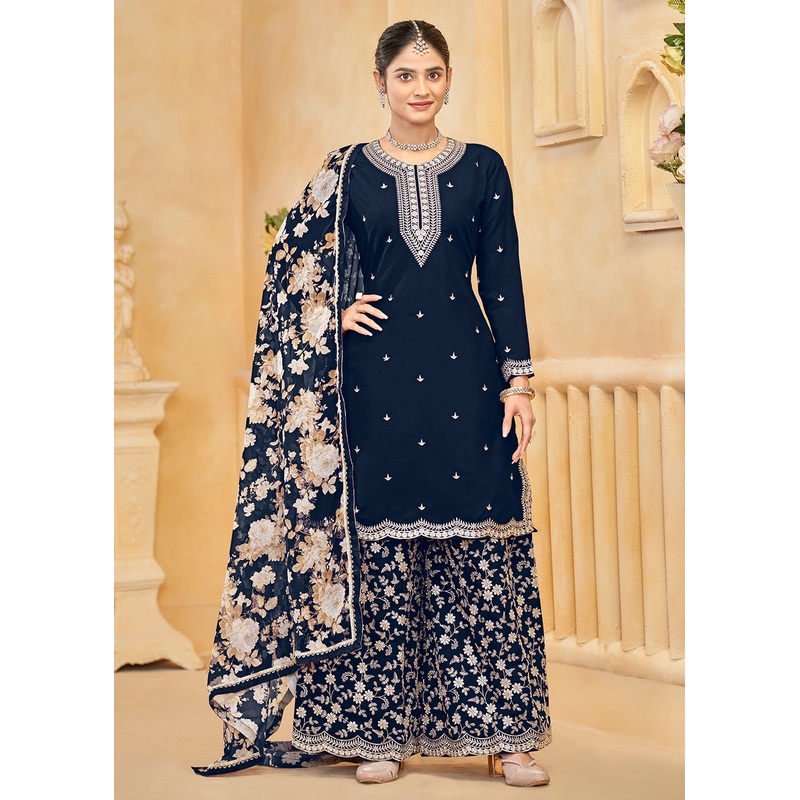 Roman Silk Embroidered Blue Festive Palazzo Suit