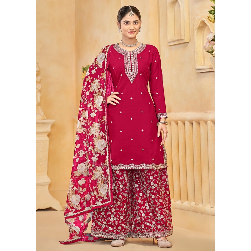 Roman Silk Embroidered Pink Festive Palazzo Suit