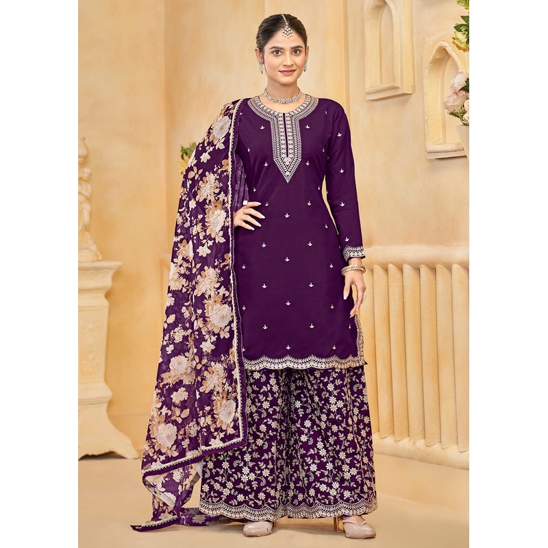 Roman Silk Embroidered Purple Festive Palazzo Suit