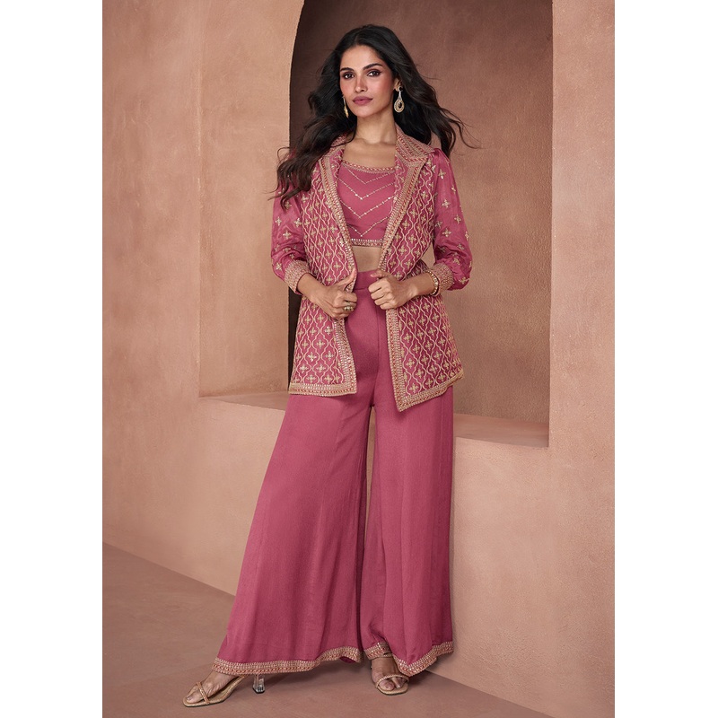 Rosewood Pink Chinnon Silk 3-Piece Indo Western Dress