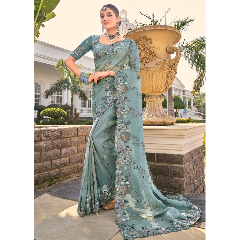 Sea Green Heavy Embroidered Wedding Designer Saree