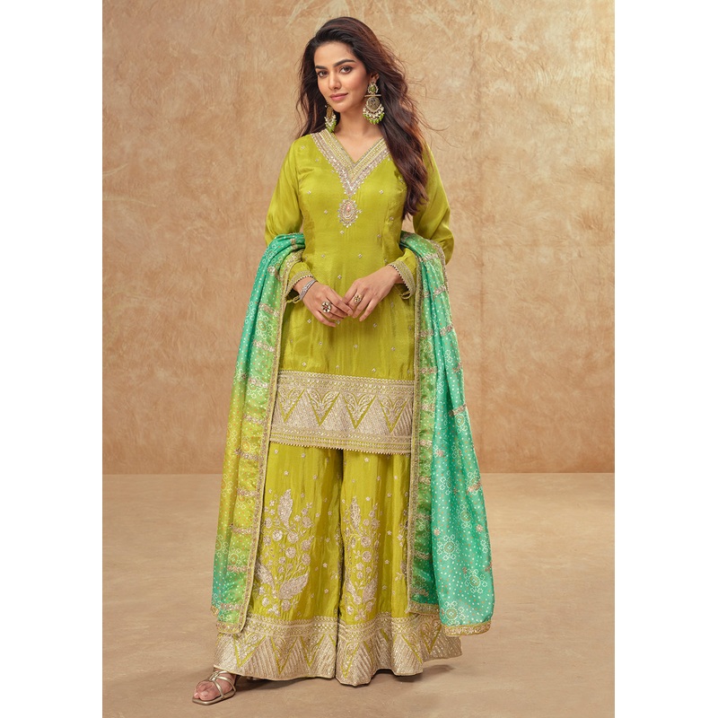 Shimmer Silk Green Embroidered Festive Palazzo Style Suit