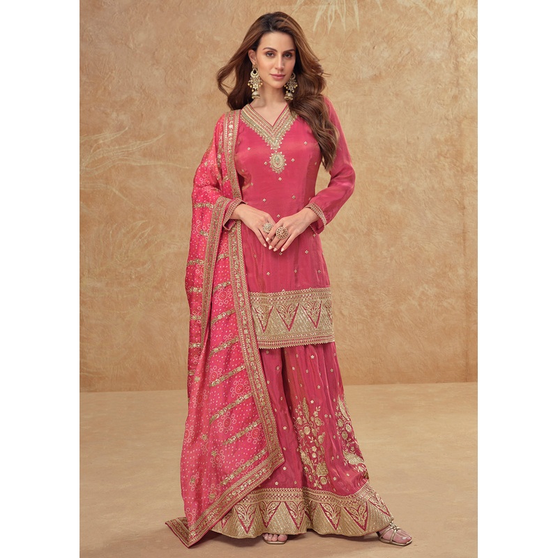 Shimmer Silk Pink Embroidered Festive Palazzo Style Suit