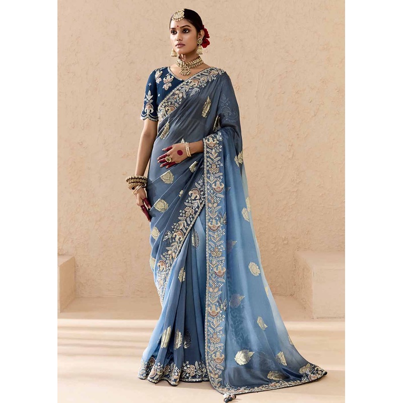 Sky Blue Fancy Fabric Embroidered Designer Saree