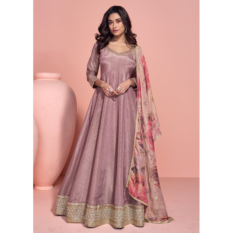 Taupe Mauve Shimmer Organza Silk Festive Anarkali Suit