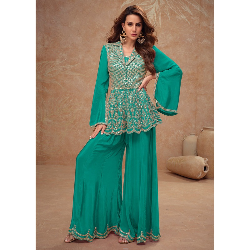 Teal Peplum Style Embroidered Festive Pant Style Suit