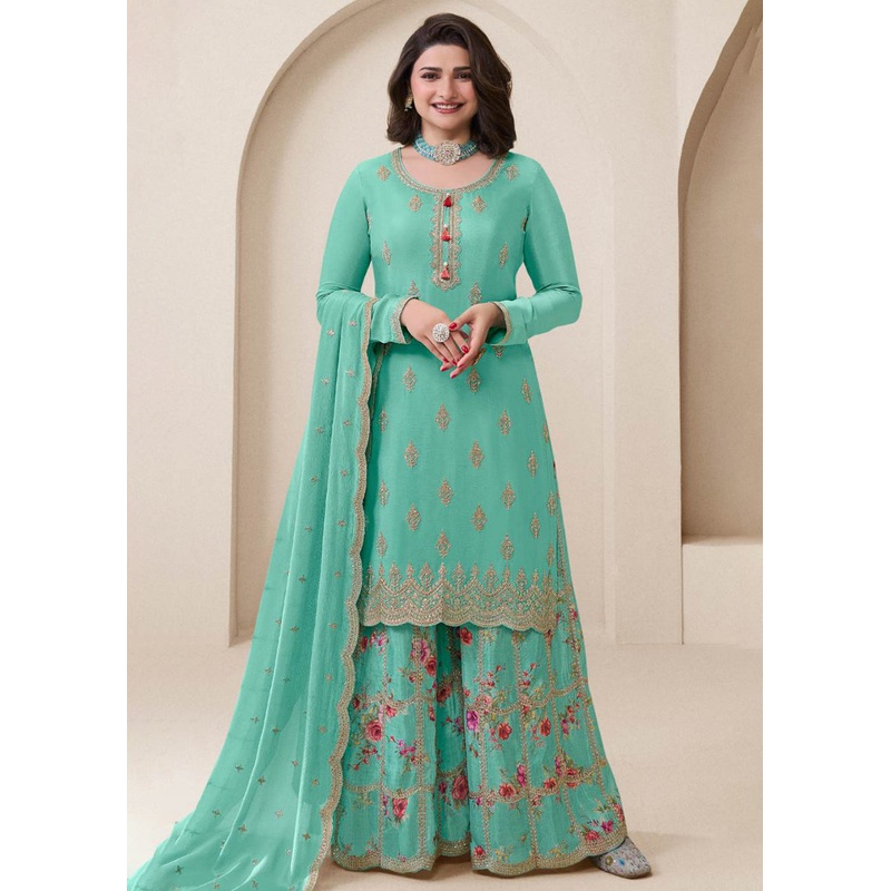 Turquoise Festive Style Embroidered Chinnon Palazzo Suit