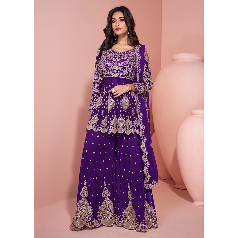 Violet Purple Palazzo Style Embroidered Festive Style Suit