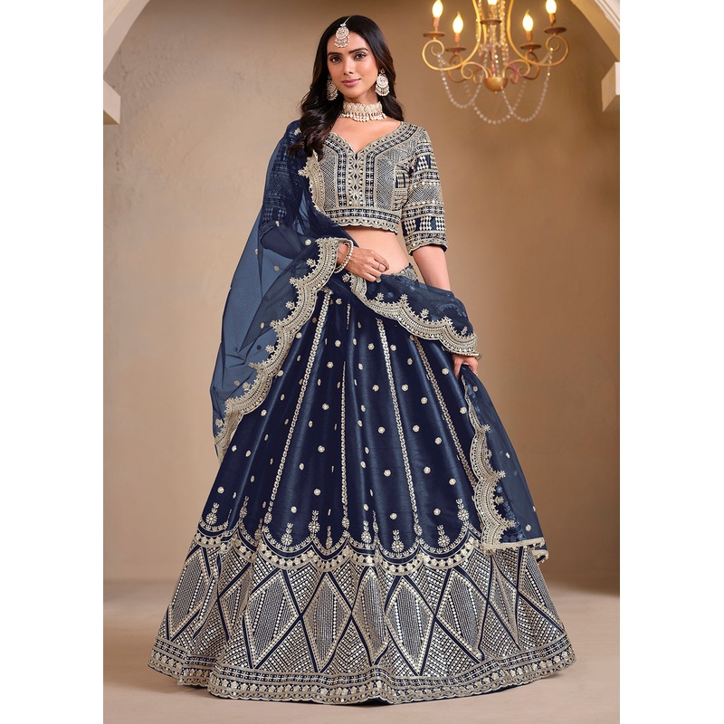 Wedding Wear Blue Embroidered A Line Lehenga Choli