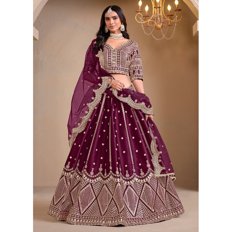 Wedding Wear Wine Embroidered A Line Lehenga Choli