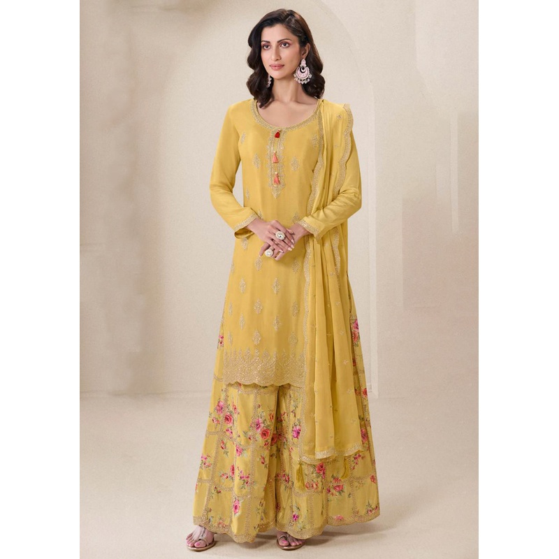 Yellow Festive Style Embroidered Chinnon Palazzo Suit