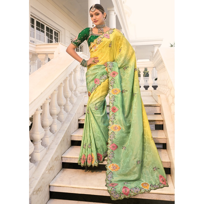 Yellow & Green Heavy Embroidered Wedding Designer Saree