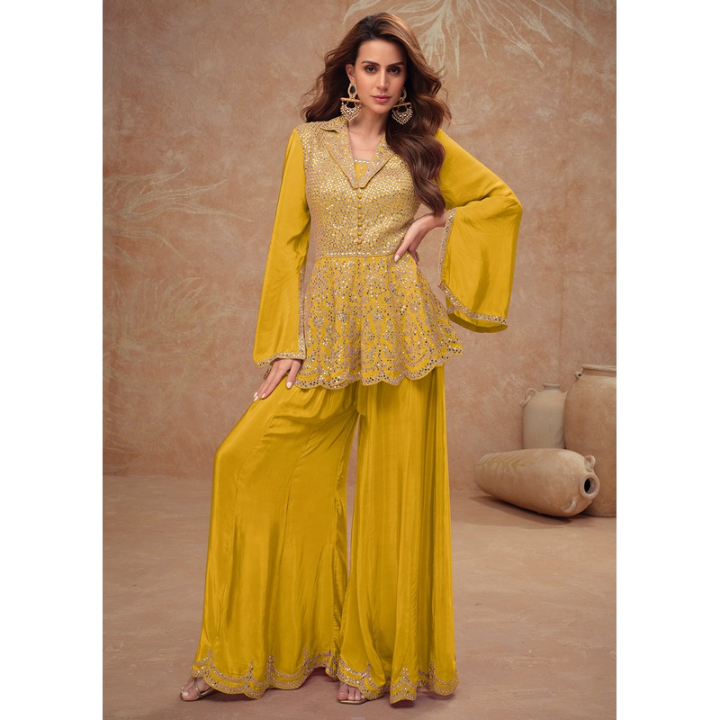 Yellow Peplum Style Embroidered Festive Pant Style Suit