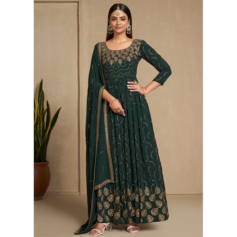 Zari & Sequins Embroidered Bottle Green Anarkali Suit