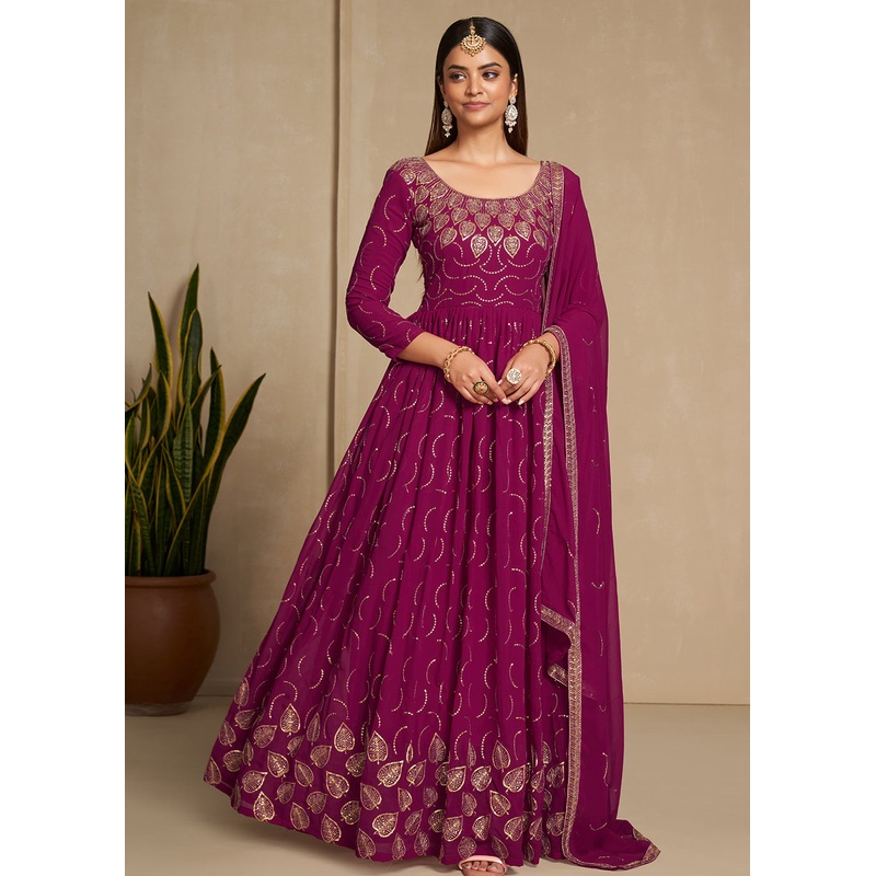 Zari & Sequins Embroidered Cherry Pink Anarkali Suit